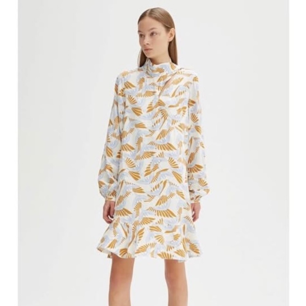 Rodebjer stork bird print klement midi dress white blue satin